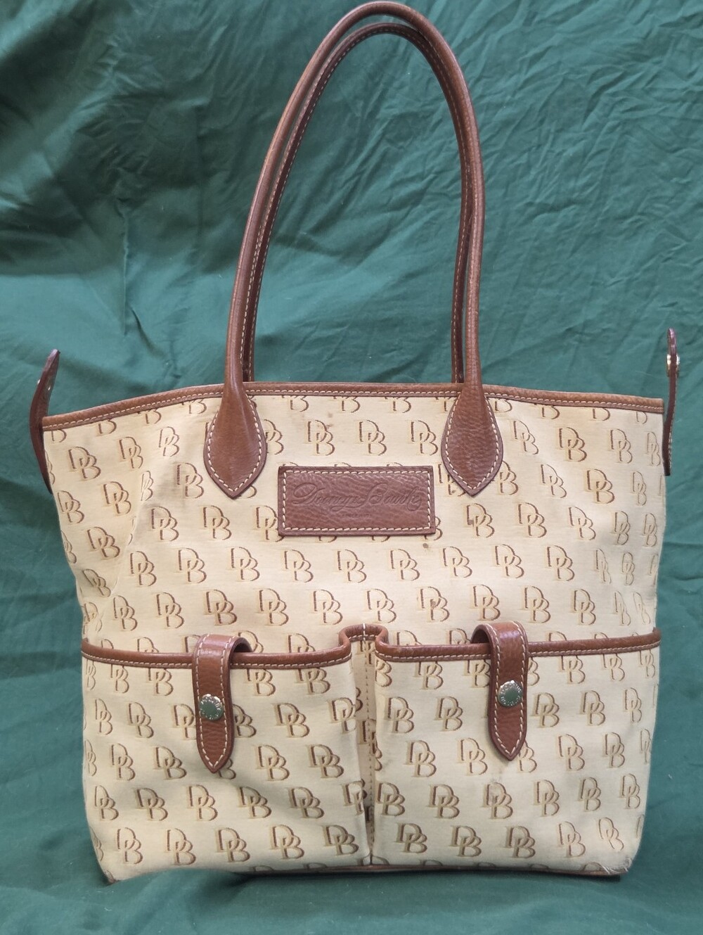 Dooney & Bourke Vintage Cream Canvas Monogram Tote with Brown Leather Trim
